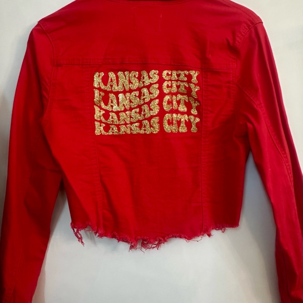 Red Jean Jacket with Gold Kansas City Chiefs Design